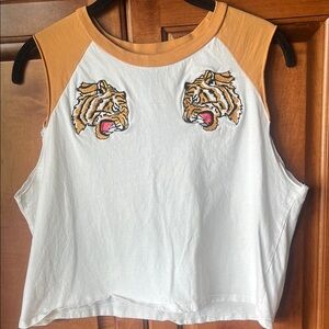 Embroidered Tigers Yellow & White Sleeveless Muscle Tank Top